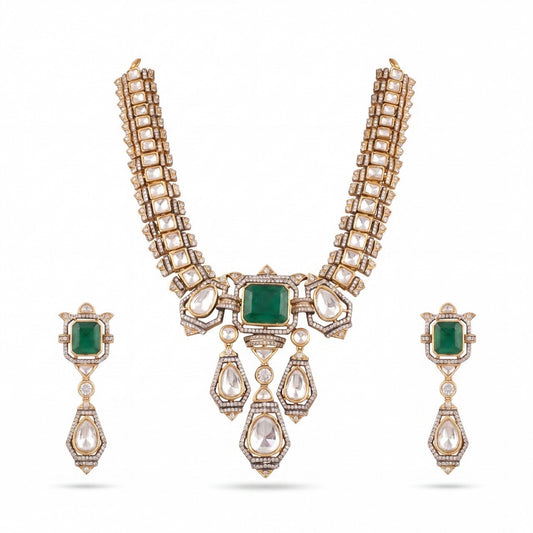 Antique Finish Victorian Polki Necklace Set With Green Stone Pendant And Drop Earrings