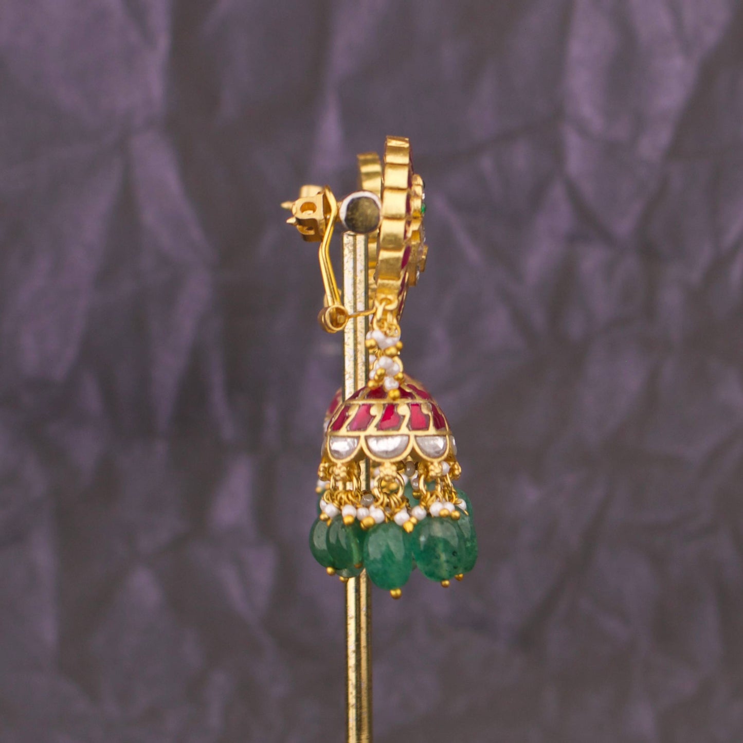 Regal Peacock Jadau Kundan Jhumka Earrings With Emerald Drops