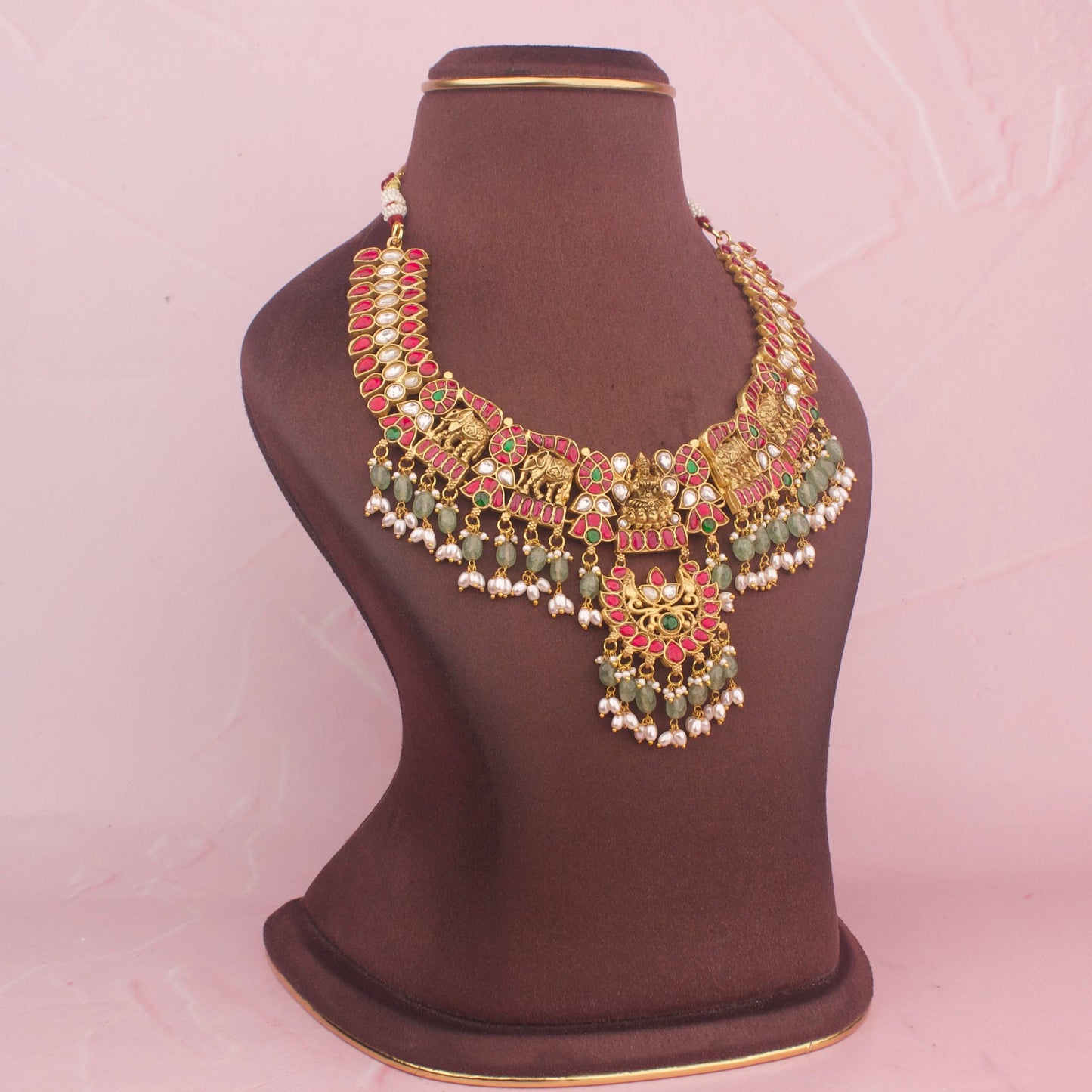 Close-Up Detail View of Divine Laxmi Devi x Nakhsi Necklace With Green Beads Hangings | Dulhan Jewels