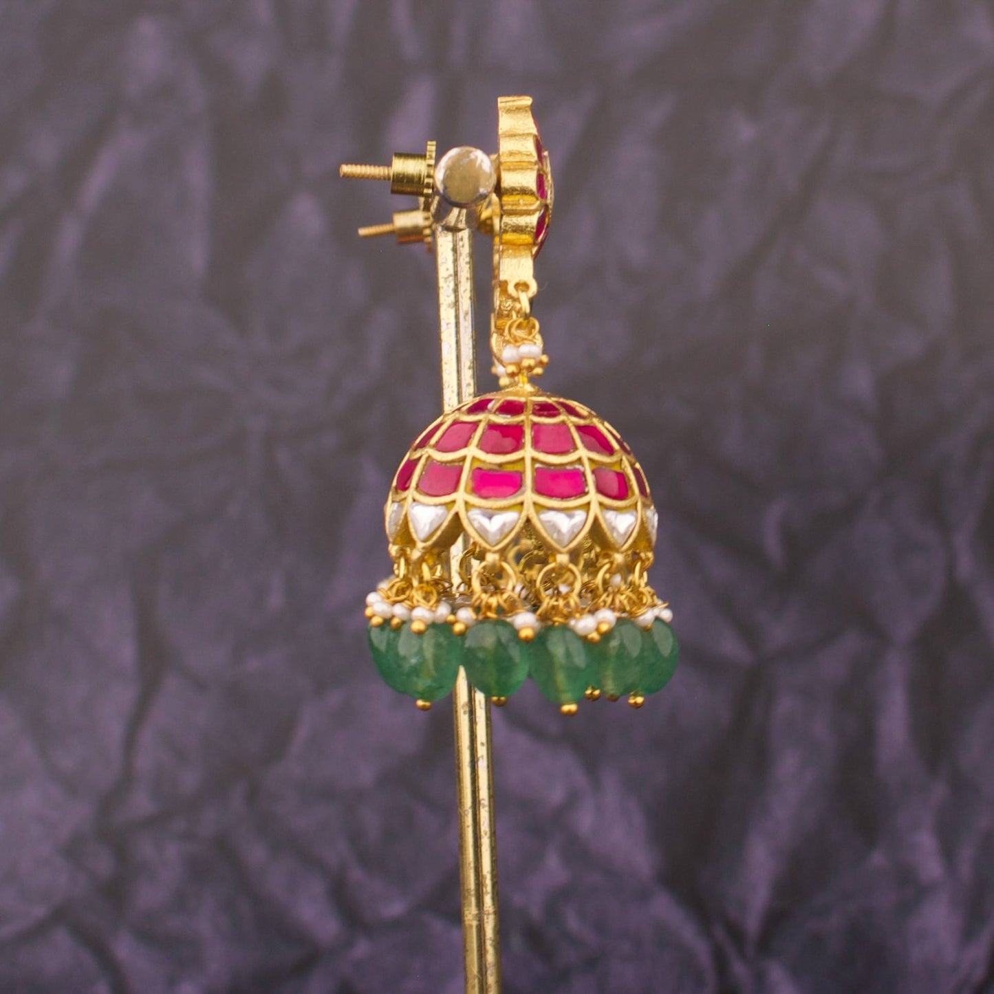 Ethnic Jadau Kundan Jhumki Earrings With Pink Stones and Green Beads