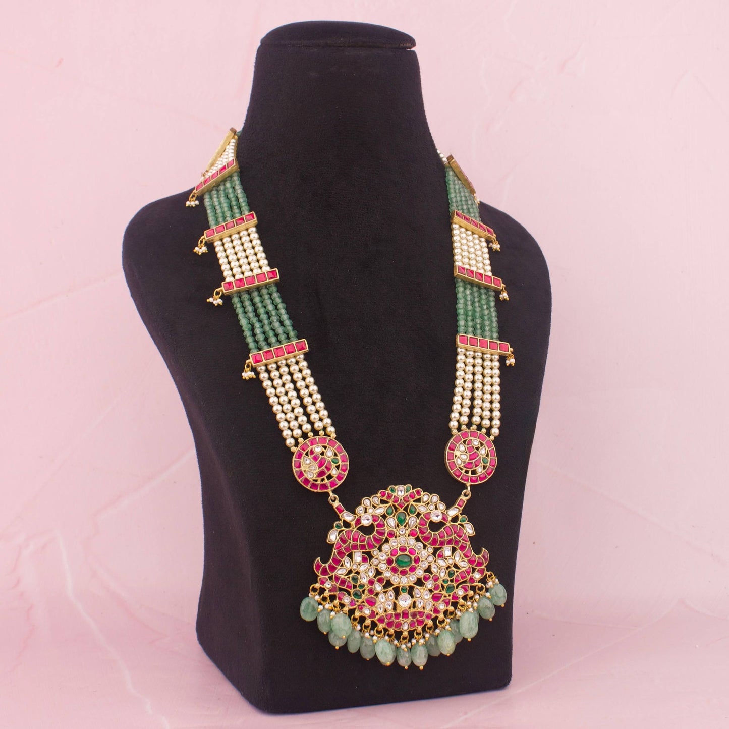 Close-Up Detail View of Grand Bridal Jadau Kundan Beads Mala With Side Locket | Dulhan Jewels