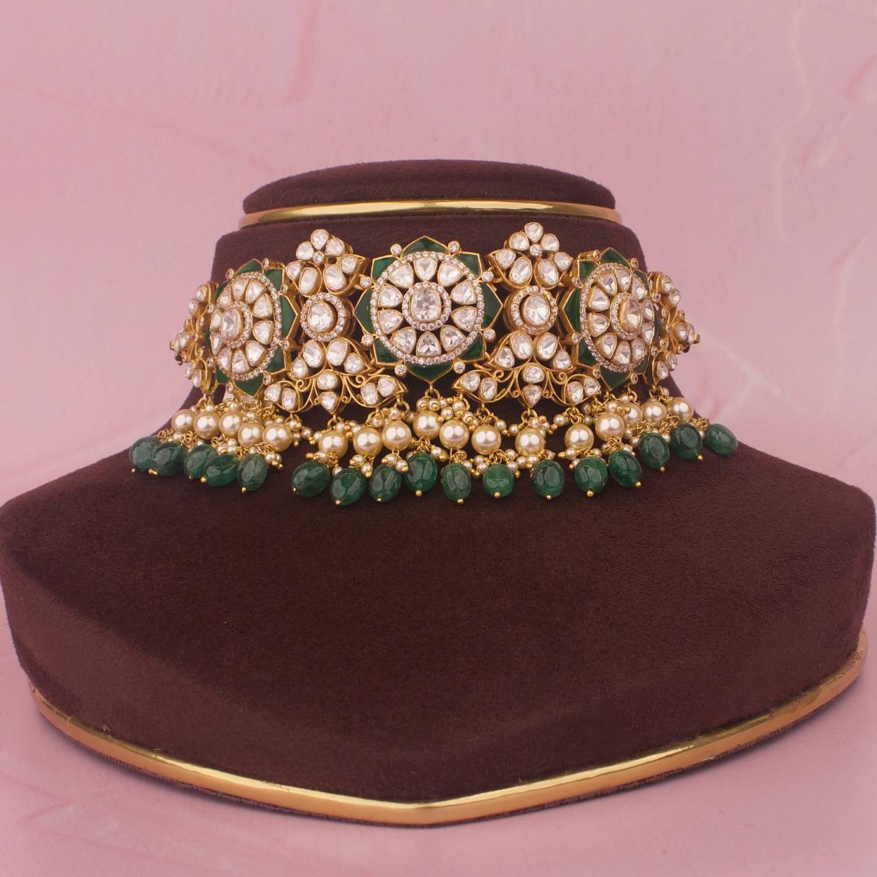 22k Gold Plated 925 Silver Moissanite Polki Choker With Guttapusalu Hangings