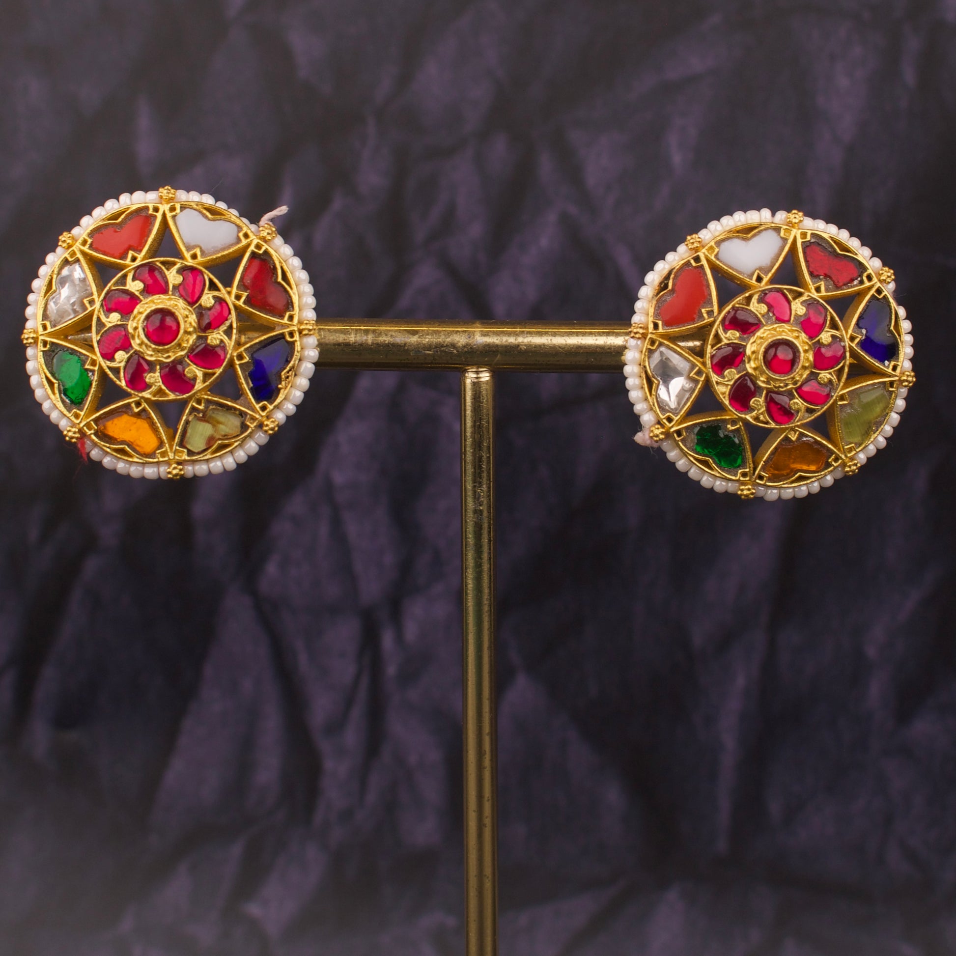 Navratna Elegance Jadau Kundan Stud Earrings - DULHAN JEWELS
