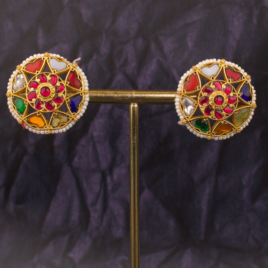 Navratna Elegance Jadau Kundan Stud Earrings - DULHAN JEWELS