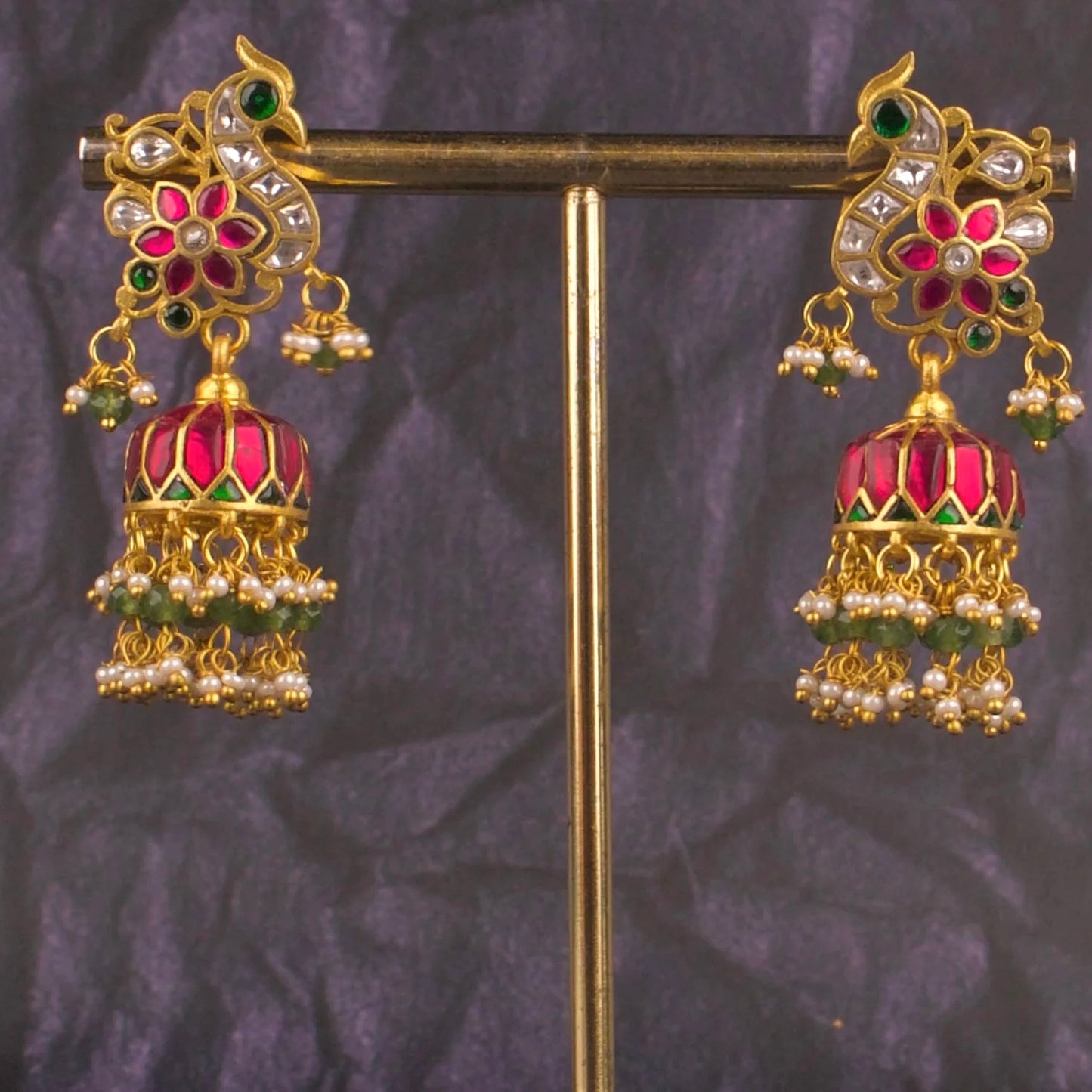 Peacock Studded Jadau Kundan Jhumki Earrings With Pearl & Bead Hanging