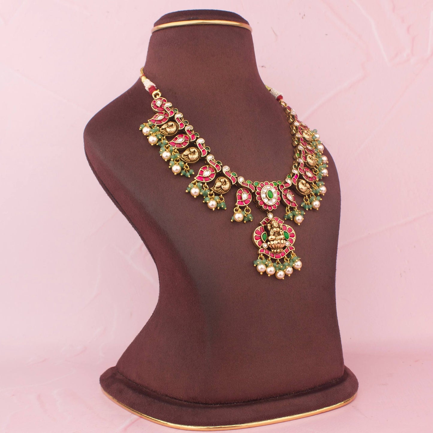 Designer Jadau Kundan Temple Necklace Set With Lakshmi Devi Pendant