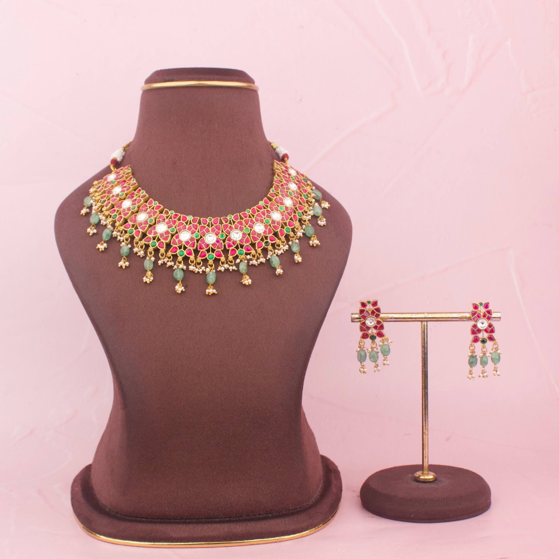 Refined Multi Colored Jadau Kundan Necklace With Matching Earrings - Premium Indian Ethnic Jewelry | Dulhan Jewels