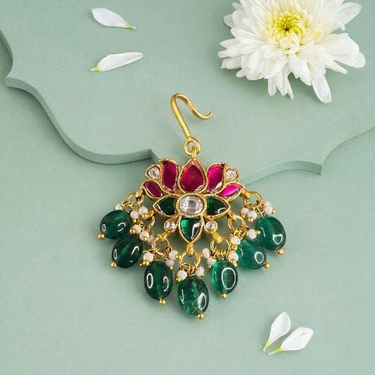 Lotus Design Jadau Kundan Maangtika With Green Beads