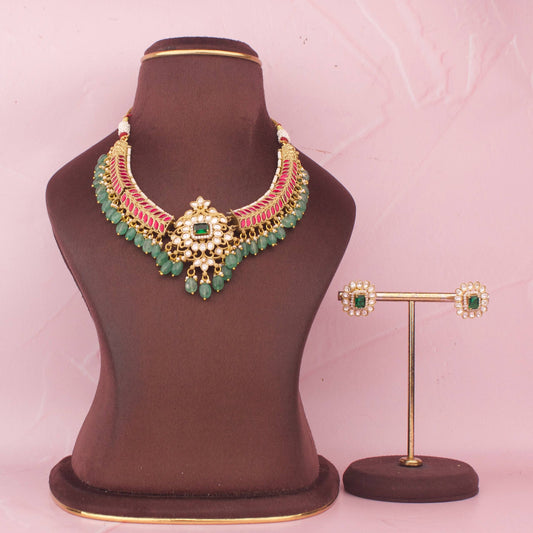 Royal Kanti Style Jadau Kundan Necklace Set With Green Drops