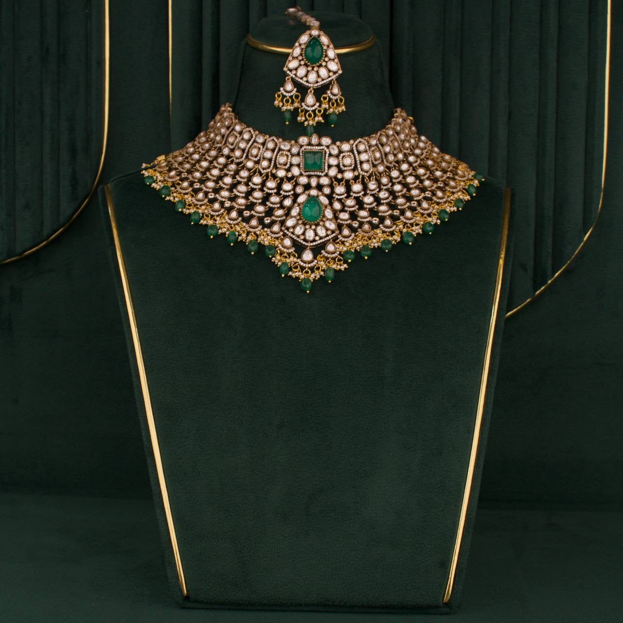 Bridal Victorian Polki Choker Set With Matching Earrings And Maangtika