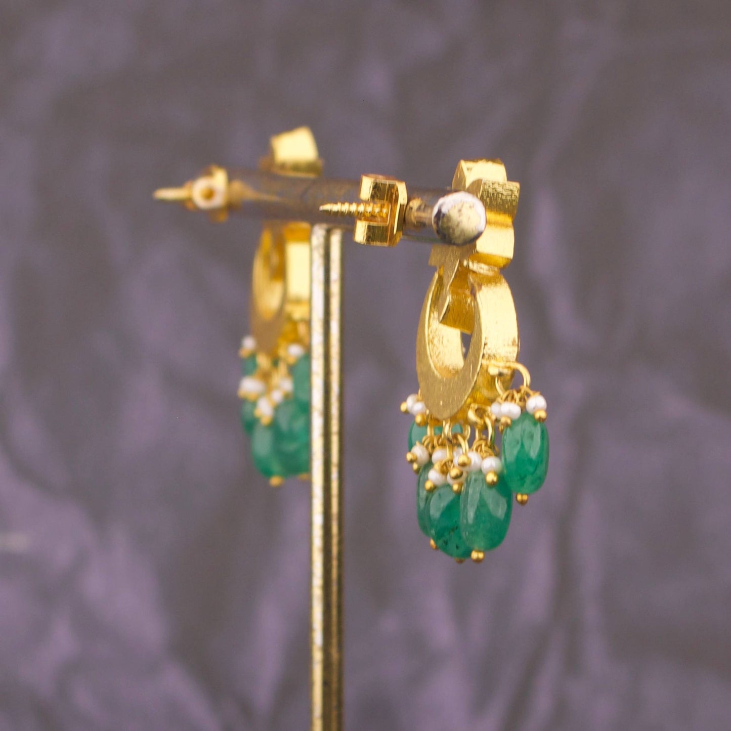 Unique Jadau Kundan Chandbali Earrings With Green Beads
