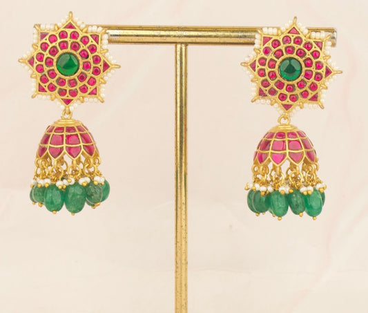 Surya Studded Jadau Kundan Jhumka With Green Beads As Droplets - DULHAN JEWELS
