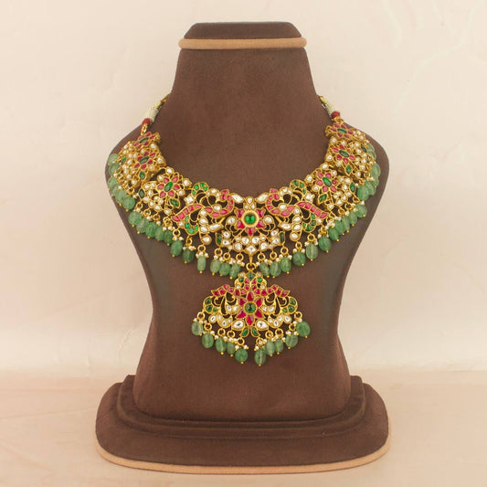 Grand Jadau Kundan Peacock Floral Designed Short Necklace