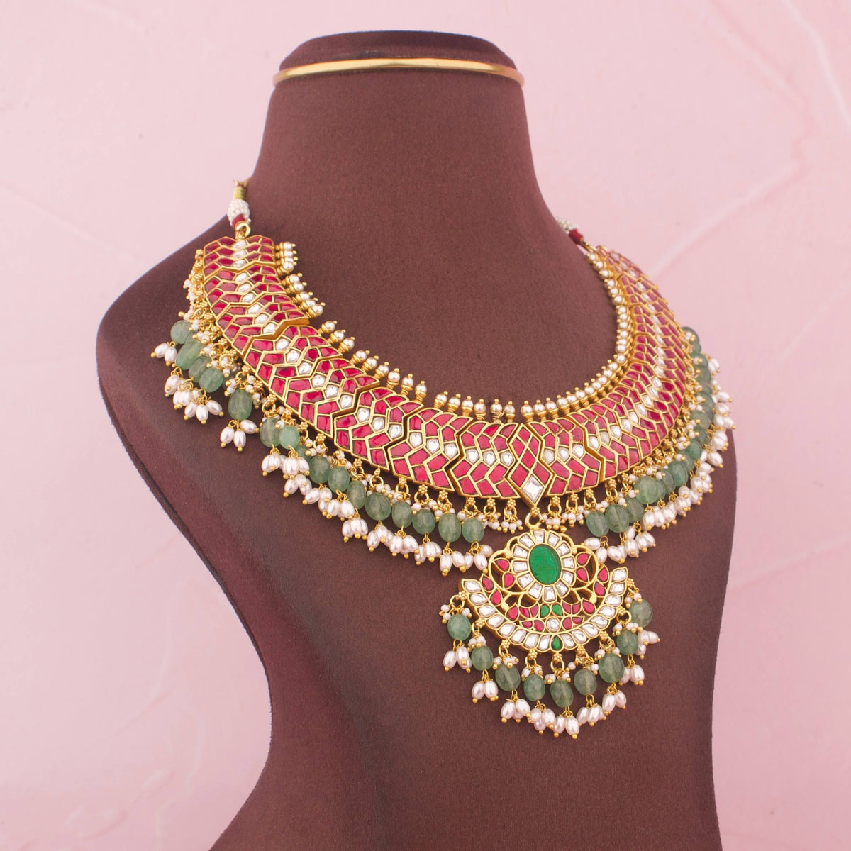 Gold Style Jadau Kundan Necklace With Emerald Beads Hangings