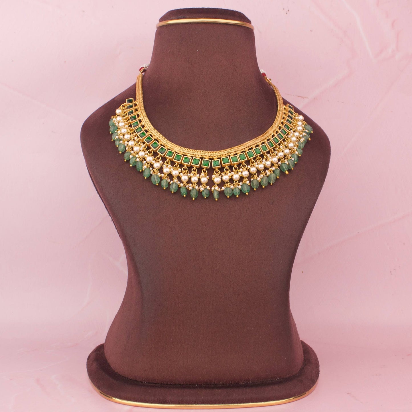 Jadau kundan Jalebi Necklace With Pearls And Green Bead Hangings