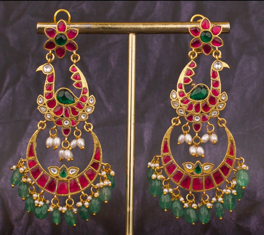Stylish Jadau Kundan Chand Bali with Floral Peacock Design