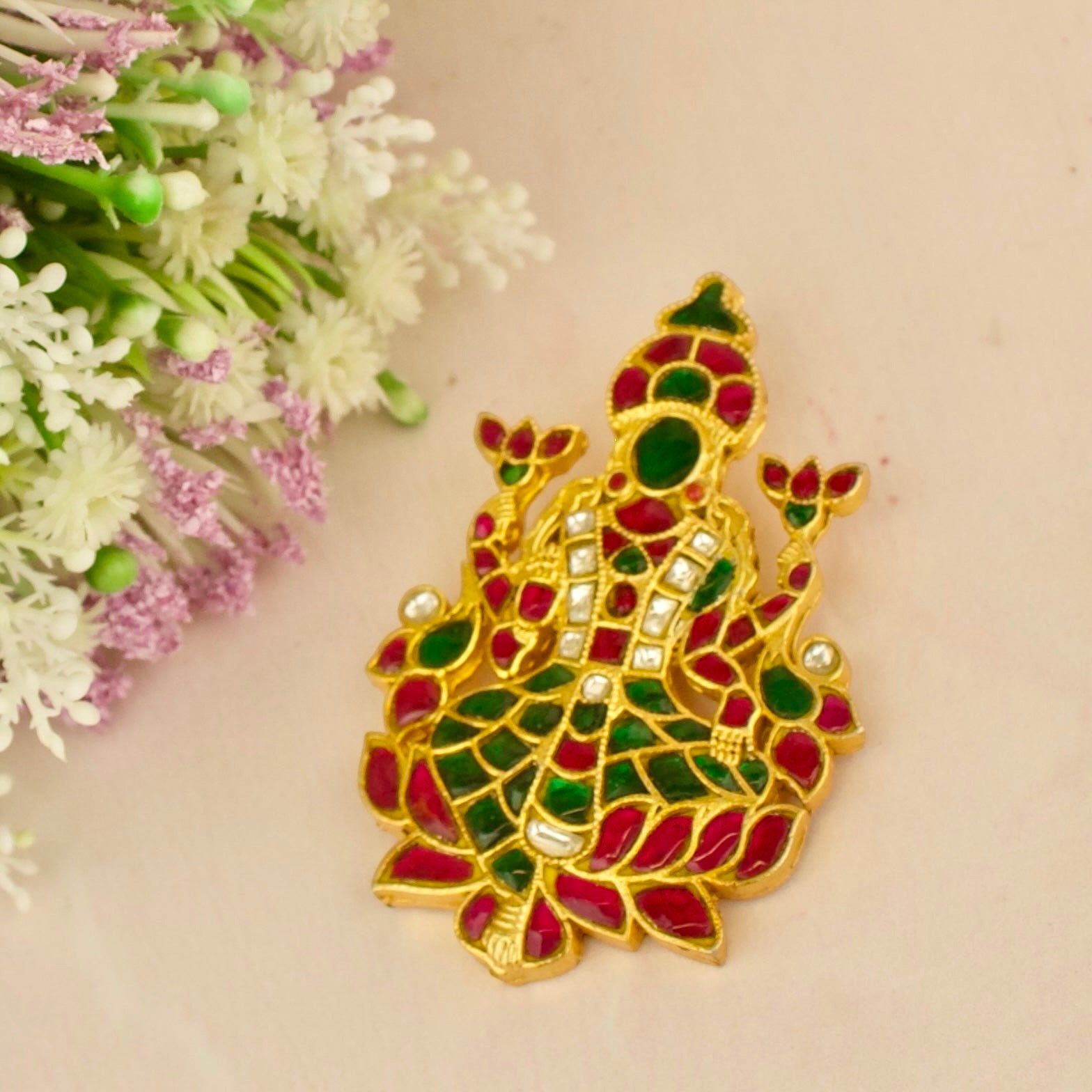 Impressive Lakshmi Devi Design Jadau Kundan Locket in Gold Style