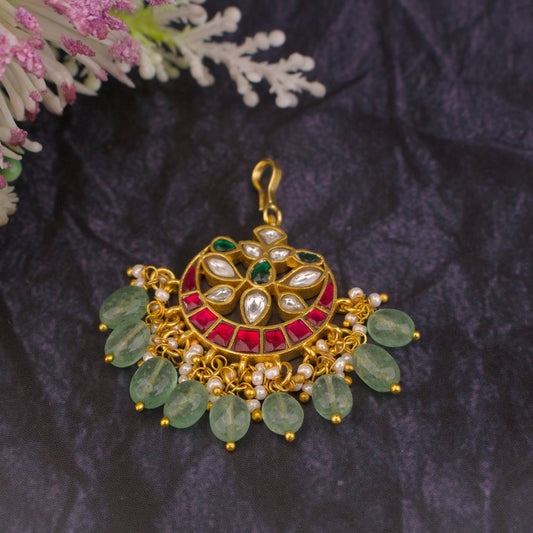 Lotus Flower Design Jadau Kundan Maang Tikka with Russian Beads