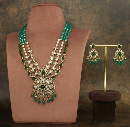 Polki Victorian finish beads Mala set with earrings with high quality victorian finish