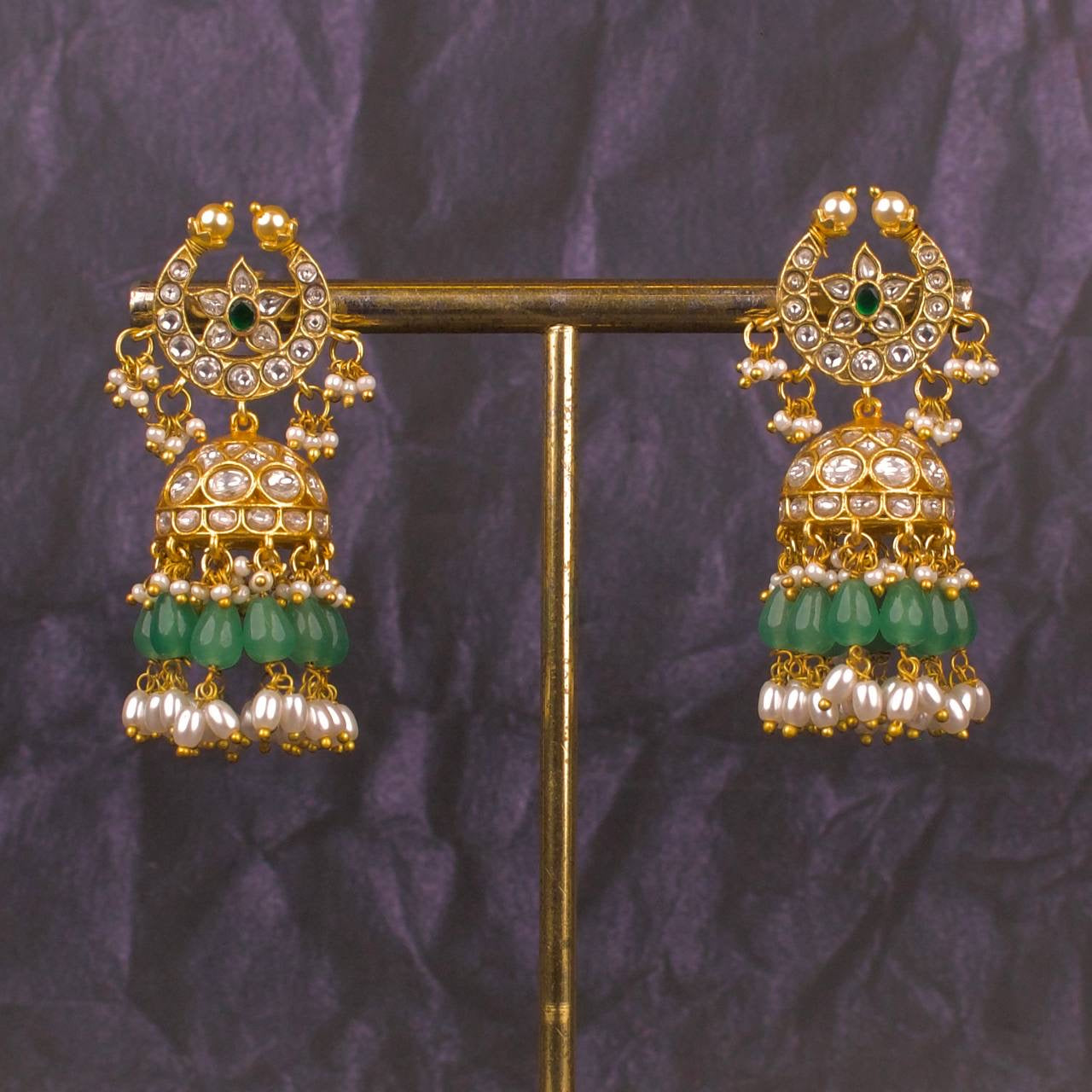 Chand Shaped Jadau Kundan Jhumki With Guttapusalu Hangings
