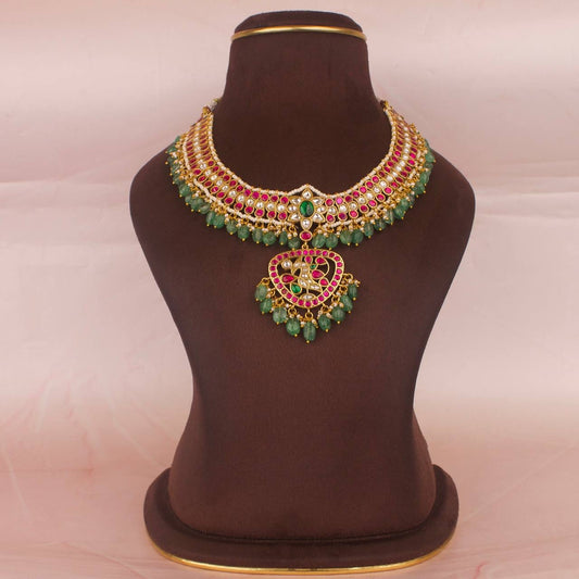 Sleek Jadau Kundan Ruby,Emerald & White Stones Necklace