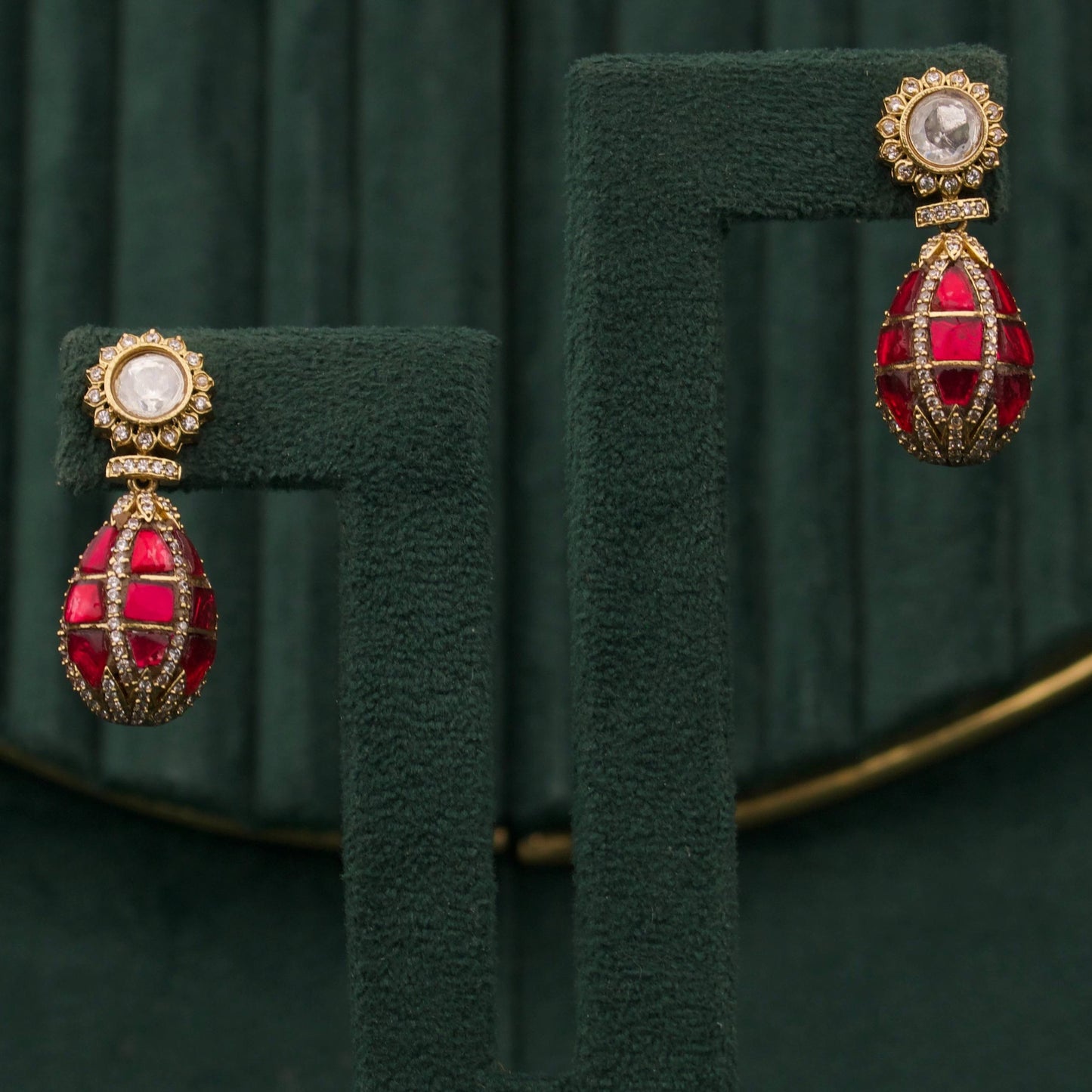 Designer Ruby Drop Earrings with CZ Detailing