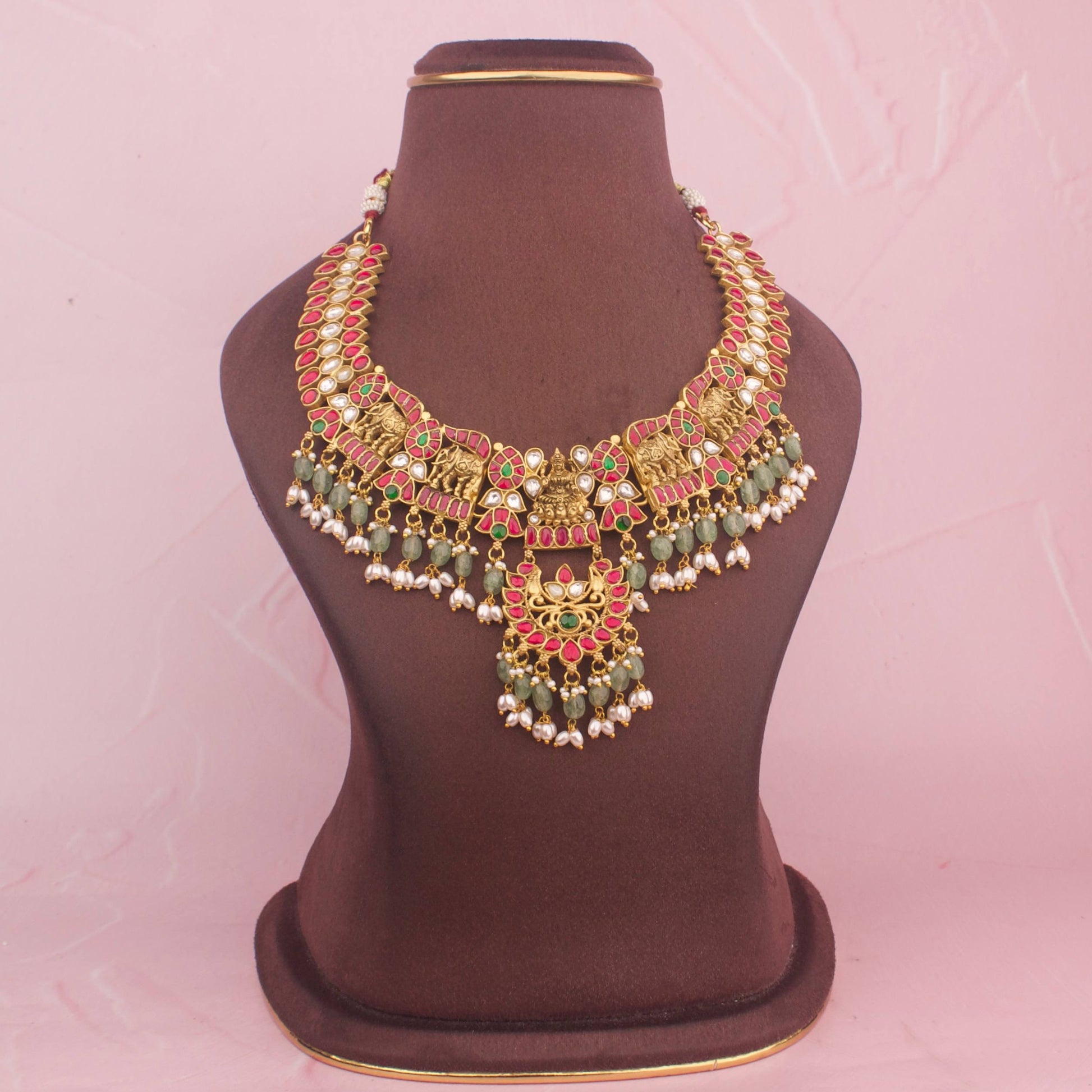 Divine Laxmi Devi x Nakhsi Necklace With Green Beads Hangings - Premium Indian Ethnic Jewelry | Dulhan Jewels