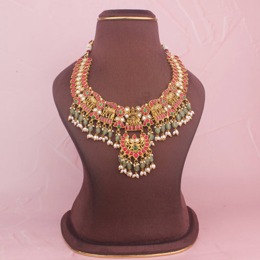Divine Laxmi Devi x Nakhsi Necklace With Green Beads Hangings