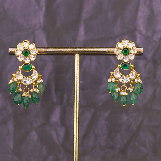 Ethnic Jadau Kundan Floral Earrings with Emerald Beads And Polki Stones