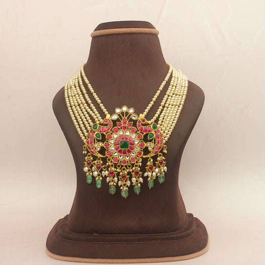 Majestic Floral Jadau Kundan Necklace with Swarovski Pearls