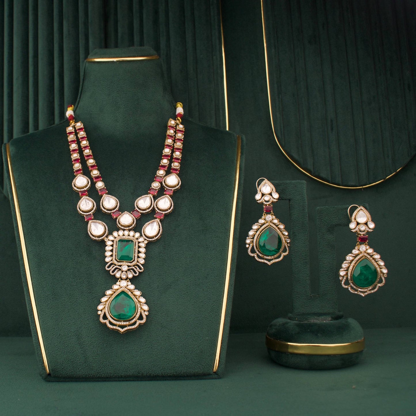 Bridal Victorian Polki Layered Necklace With Matching Earrings