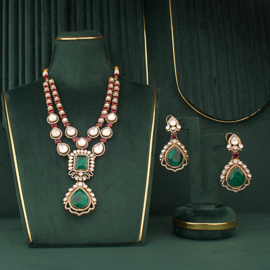 Bridal Victorian Polki Layered Necklace With Matching Earrings