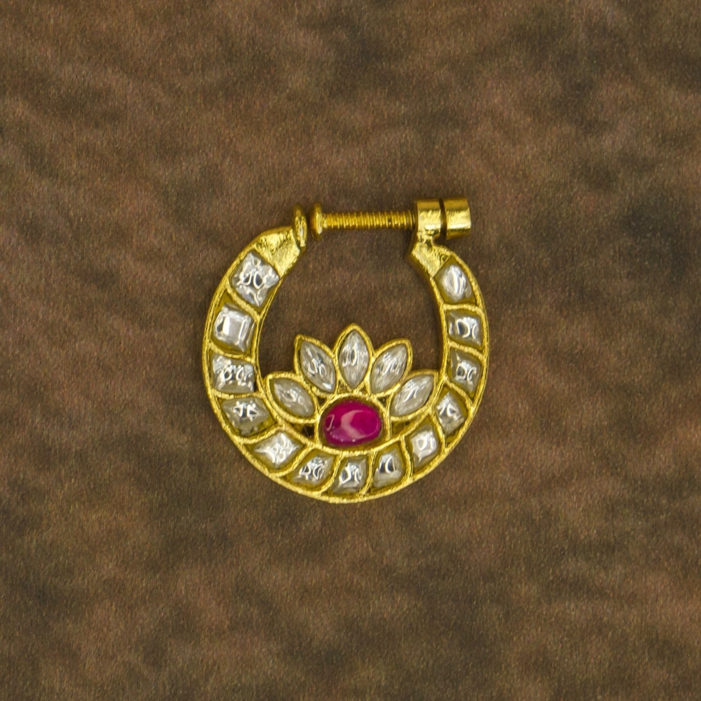 Exquisite Gold Plated Jadau Kundan Nose Ring with 22k gold plating. This product belongs to Jadau Kundan jewellery category