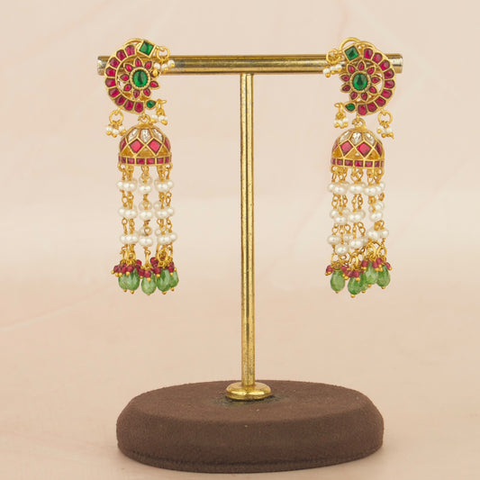 Lavish Floral Design Jadau Kundan Jhumki with White Beads Hanging