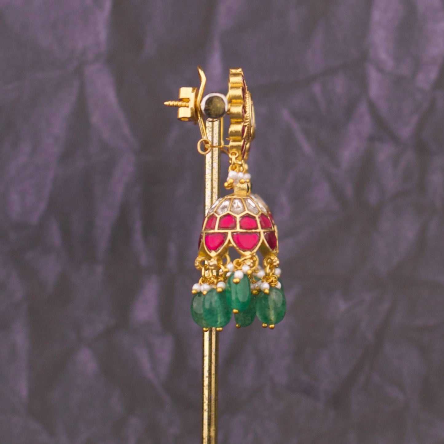 Graceful Jadau Kundan Jhumka Earrings With Emerald Beads