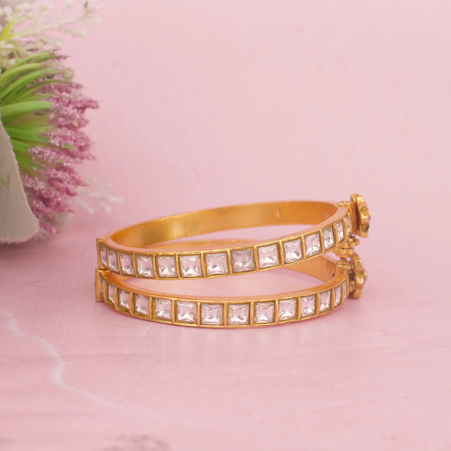 Gold Finish Jadau Kundan Bangles With Floral Center Motif