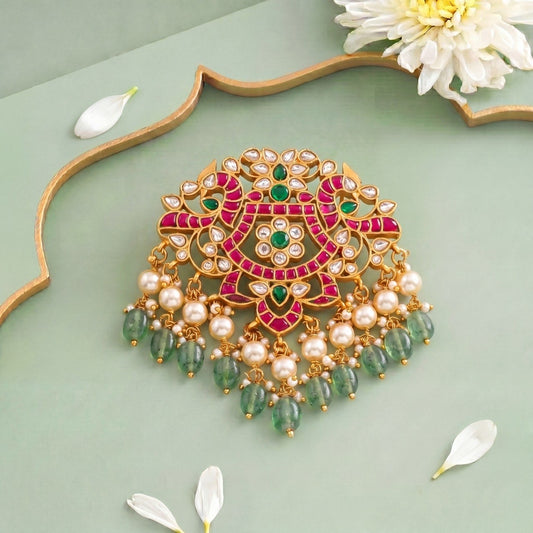 Peacock Floral Kundan Pendant With Emerald Beads