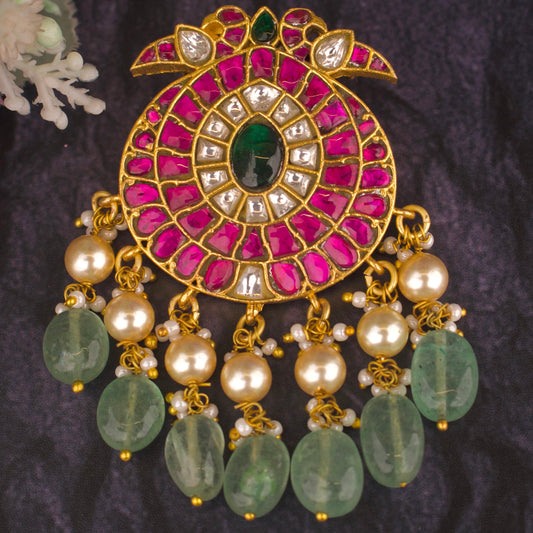 Exquisite Jadau Kundan Pendant With Swarovski Pearls Hanging - DULHAN JEWELS