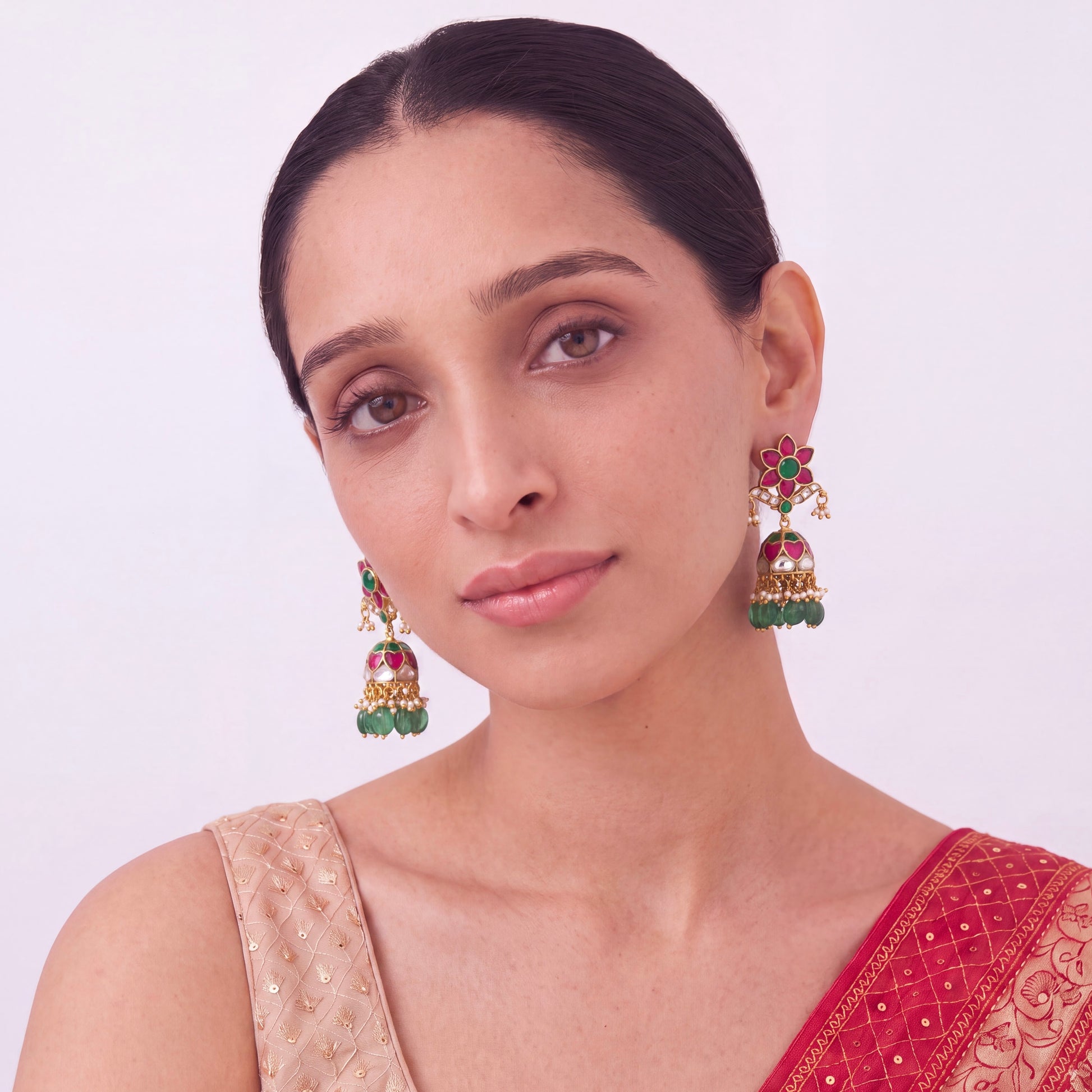 Beautiful Jadau Kundan Floral Jhumka Earrings With Green Beads Craftsmanship & Detail View - Dulhan Jewels