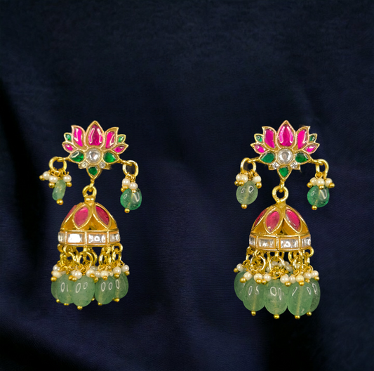 Radiant Lotus Blossom Jadau Kundan Jhumkas with 22k Gold plating. This product Belongs to Jadau kundan jewellery category
