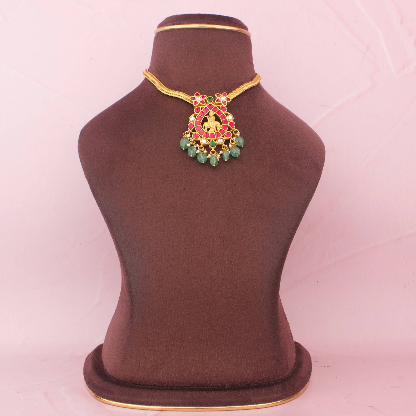 Ethnic Jadau Kundan Nantad Chain Necklace With Green Bead Hangings