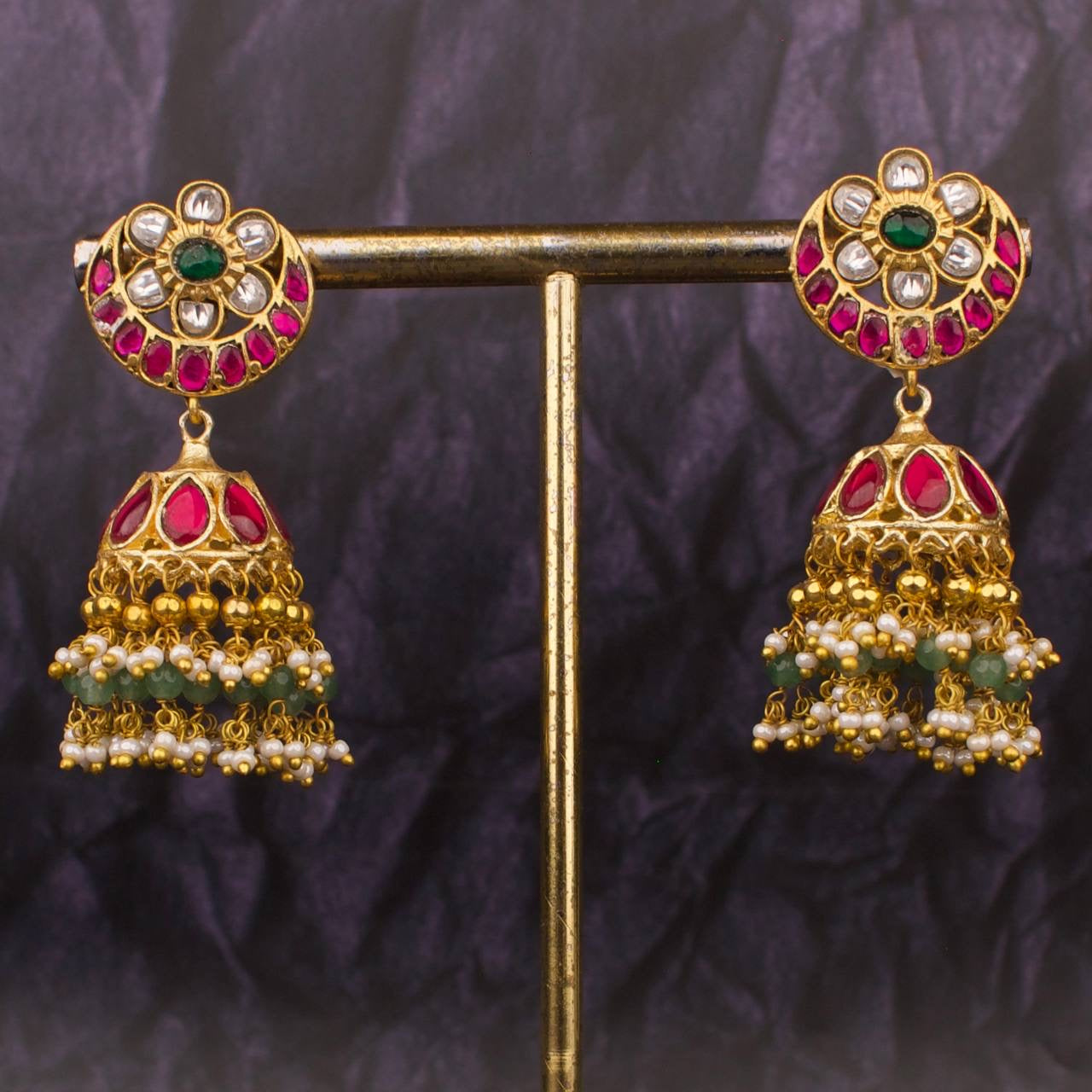 Floral Chand Shaped Jadau Kundan Jhumki With Guttapusalu Hanging