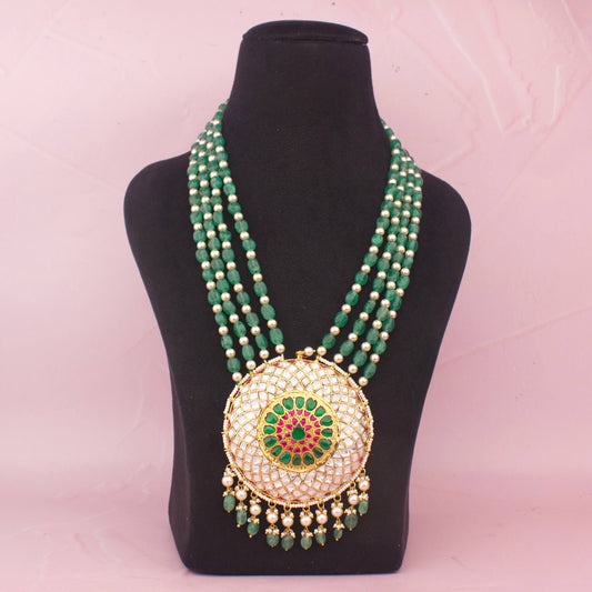 Bridal Multi Layer Green Bead Necklace with Large Kundan Polki Pendant