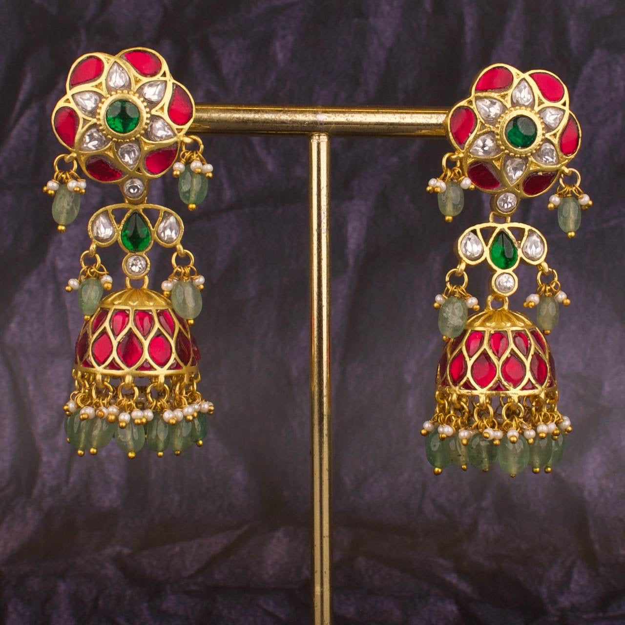 Floral Studded Jadau Kundan Long Jhumk Earrings