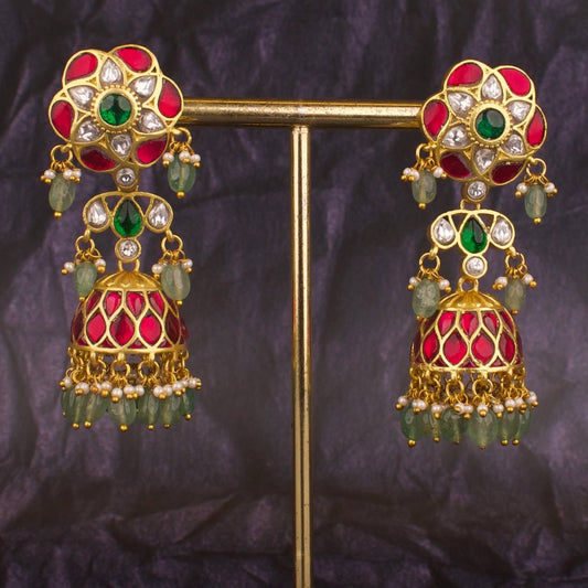 Floral Studded Jadau Kundan Long Jhumk Earrings