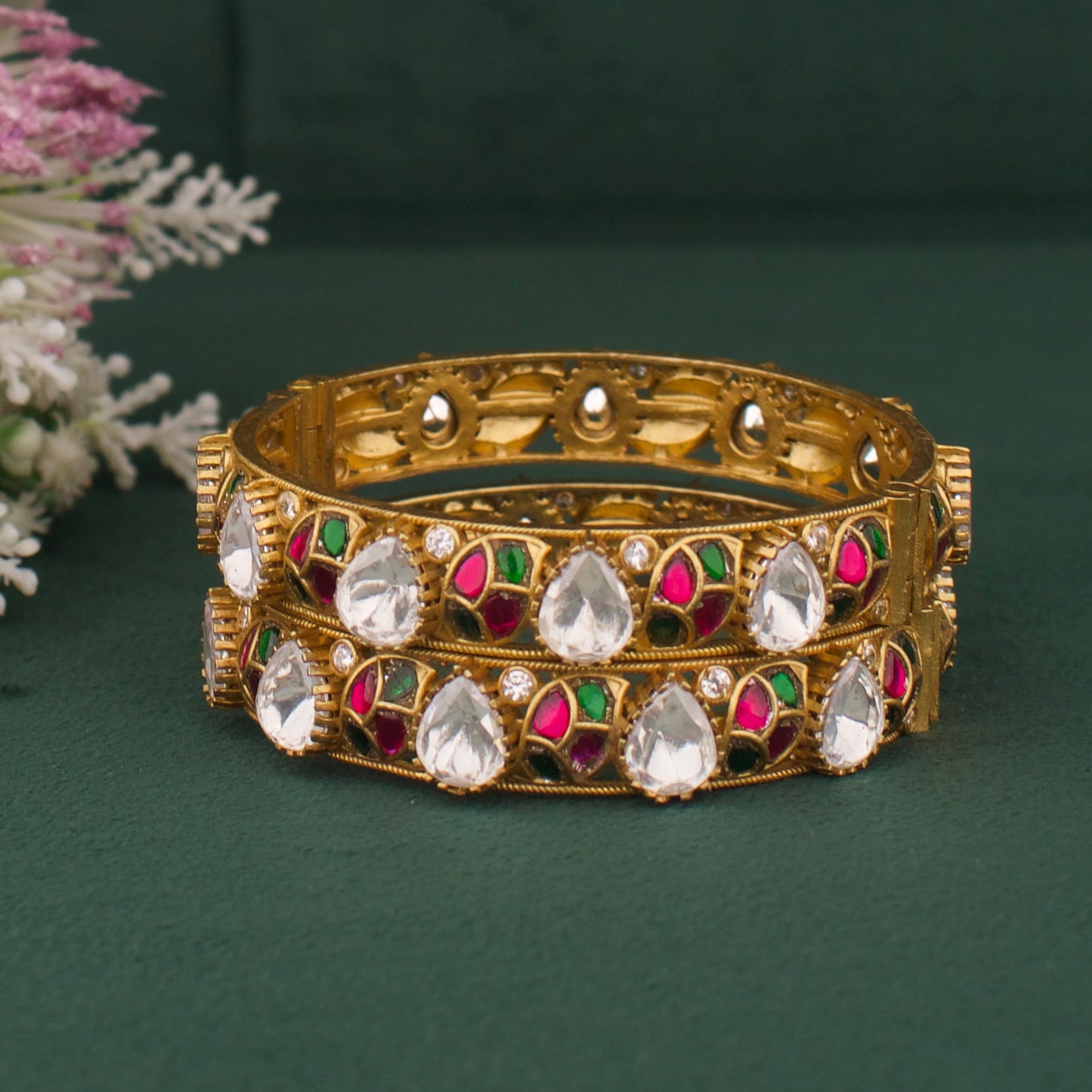 Elegant Victorian Polki Bangles With Ruby And Emerald Leaf Design in Antique Gold Finish