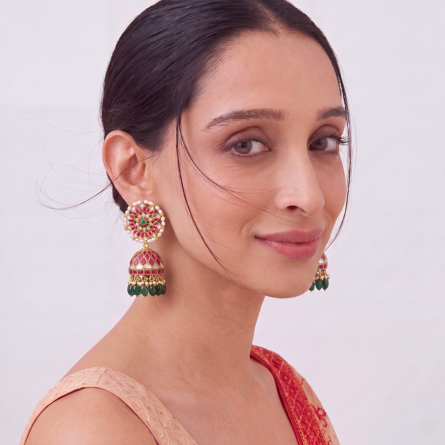 Traditional Jadau Kundan Studded FloralDesign Jhumka Earrings With Emerald Green Drops