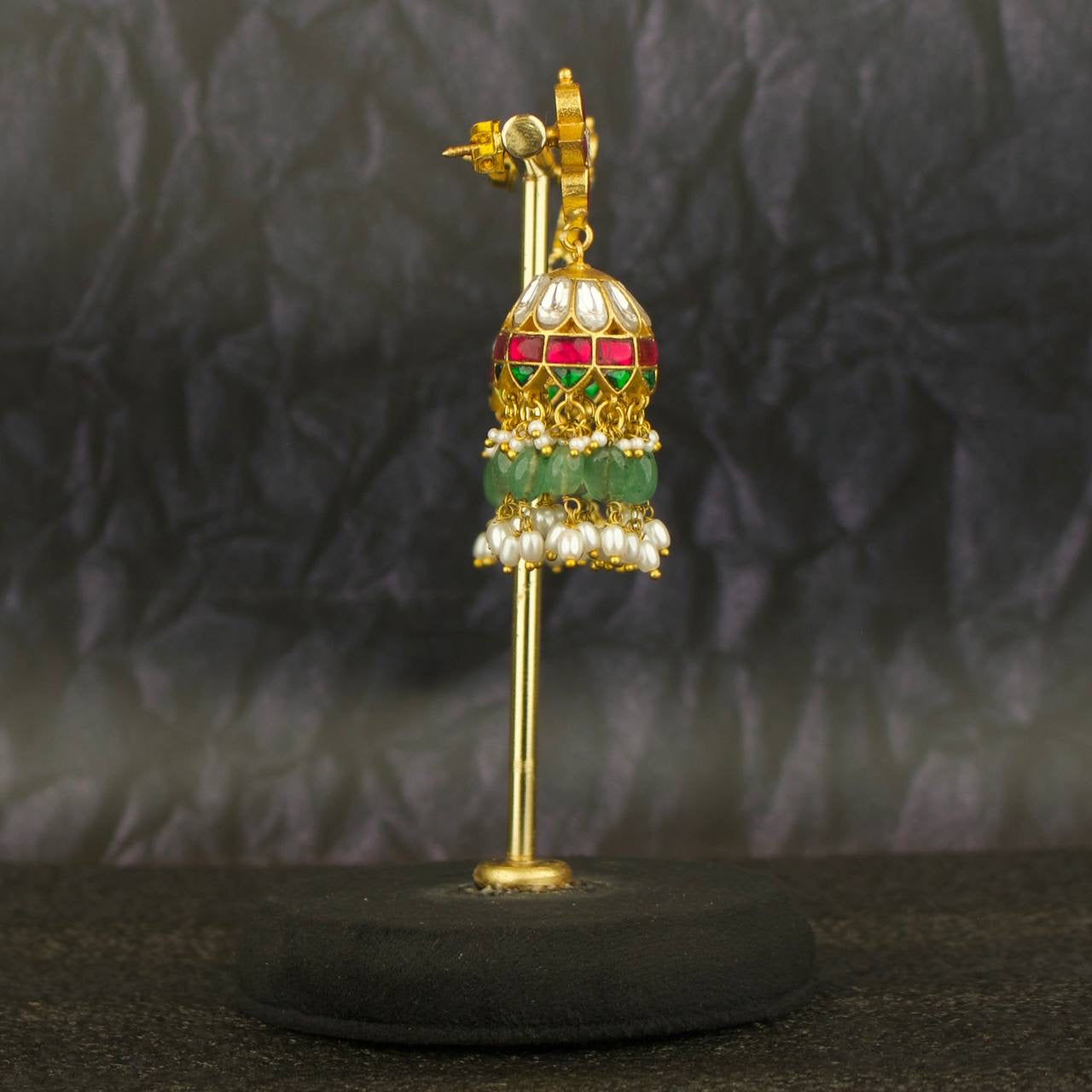 Floral Studded Jadau Kundan Jhumki Earrings With Guttapusalu Hangings