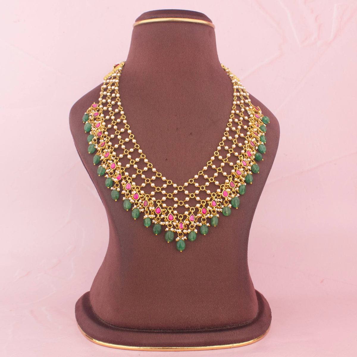 Jadau Kundan Pearl Chain Necklace With Green Drops - Handcrafted Indian Bridal Jewelry by Dulhan Jewels