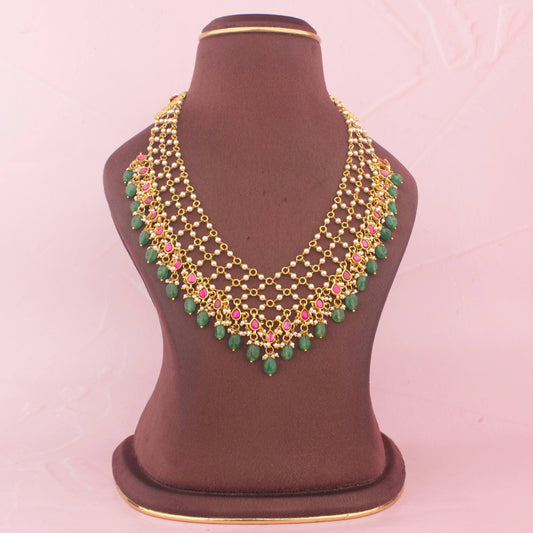 Jadau Kundan Pearl Chain Necklace With Green Drops - Handcrafted Indian Bridal Jewelry by Dulhan Jewels